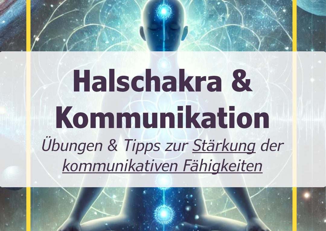 Vishuddha-Chakra und Kommunikation: Man mit leuchtenden Chakren meditiert auf sein Vishuddha-Chakra, das besonders strahlt. Hintergrund: Weltall.